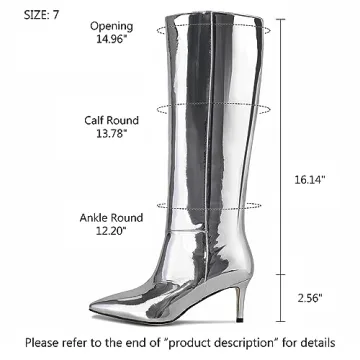 wetkiss Knee High Metallic Stiletto Boots for Women - Silver Pointed Toe Thigh High Boots With Wide Calf