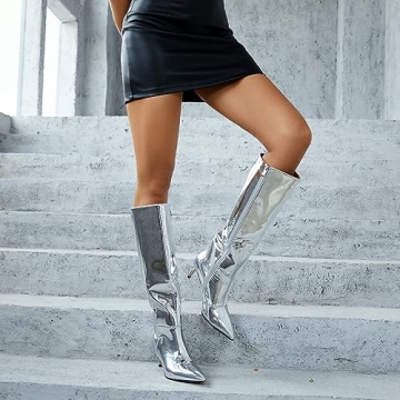 wetkiss Knee High Metallic Stiletto Boots for Women - Silver Pointed Toe Thigh High Boots With Wide Calf