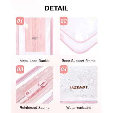 BAGSMART Clear Toiletry Bag, 2 Packs TSA Approved Water Resistant Quart Size Travel Organizer, 2 Sizes Airport Airline Travel Accessories Carry On Makeup Cosmetic Bags for Women, Pink