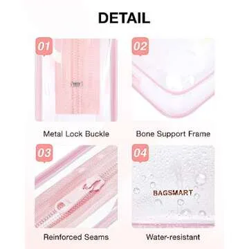 BAGSMART Clear Toiletry Bag, 2 Packs TSA Approved Water Resistant Quart Size Travel Organizer, 2 Sizes Airport Airline Travel Accessories Carry On Makeup Cosmetic Bags for Women, Pink