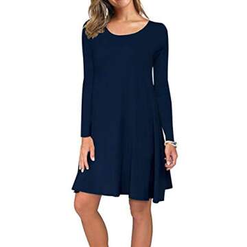 AUSELILY Women's Solid Plain Long Sleeve Pockets Casual Swing T-Shirt Dresses Indigo (XL,Navy Blue)