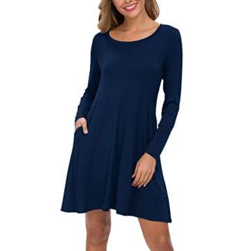 AUSELILY Women's Solid Plain Long Sleeve Pockets Casual Swing T-Shirt Dresses Indigo (XL,Navy Blue)