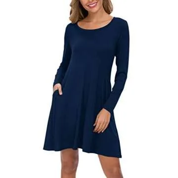 AUSELILY Women's Solid Plain Long Sleeve Pockets Casual Swing T-Shirt Dresses Indigo (XL,Navy Blue)
