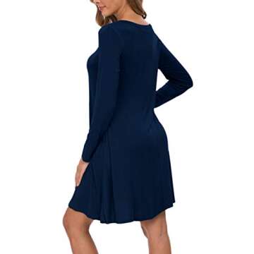 AUSELILY Women's Solid Plain Long Sleeve Pockets Casual Swing T-Shirt Dresses Indigo (XL,Navy Blue)