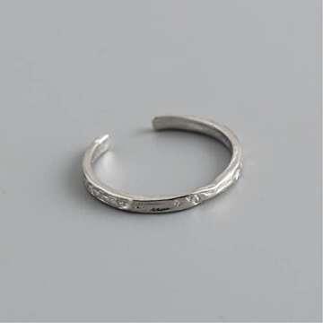 EjszaKod 925 Sterling Silver Minimalist Hammered Textured Handmade Ring, 4.2mm Wide Ring Band + 2mm Thin Knuckle Midi Stacking Ring, Adjustable Stackable Ring Size 6 to 9 (Sterling Silver,Silver)