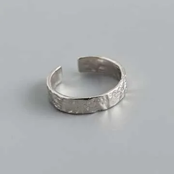 EjszaKod 925 Sterling Silver Minimalist Hammered Textured Handmade Ring, 4.2mm Wide Ring Band + 2mm Thin Knuckle Midi Stacking Ring, Adjustable Stackable Ring Size 6 to 9 (Sterling Silver,Silver)
