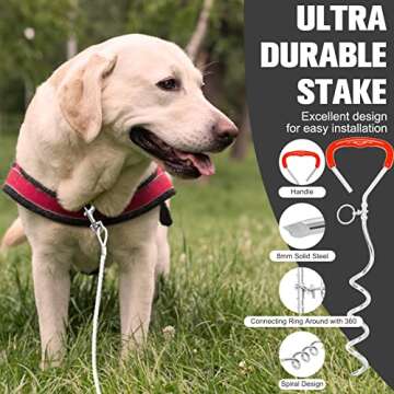 EXPAWLORER Dog Tie Out Cable and Stake, 30 ft Dog Outside Leash Cable for Ground, Yard and Camping, Heavy Duty Reflective Dog Chain and Anchor for Medium to Large Dogs Training (Up to 125 lbs) Red