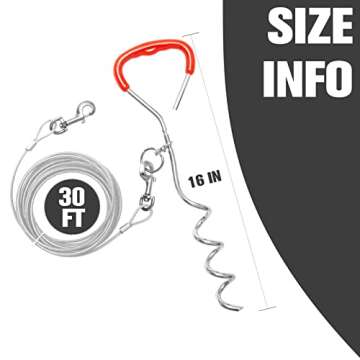 EXPAWLORER Dog Tie Out Cable and Stake, 30 ft Dog Outside Leash Cable for Ground, Yard and Camping, Heavy Duty Reflective Dog Chain and Anchor for Medium to Large Dogs Training (Up to 125 lbs) Red
