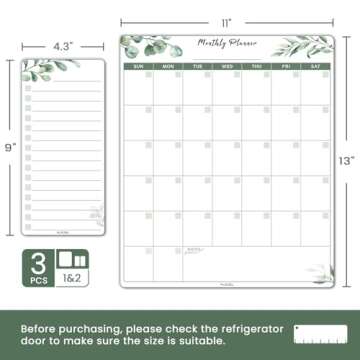 ALEZEL Dry Erase Calendar for Refrigerator, Greenery Magnetic Fridge Calendar Whiteboard - Set of Vertical Monthly Dry Erase Calendar for Fridge & 2 List Board, 4 Markers + Eraser