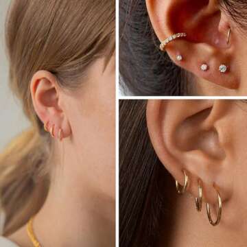 14K Gold Earrings Sets for Multiple Piercing Small Huggie Hoop and CZ Ball Stud Earrings Set for Wom...