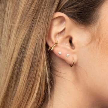 14K Gold Earrings Sets for Multiple Piercing Small Huggie Hoop and CZ Ball Stud Earrings Set for Women Trendy Hypoallergenic Cartilage Earing Hoops and Studs