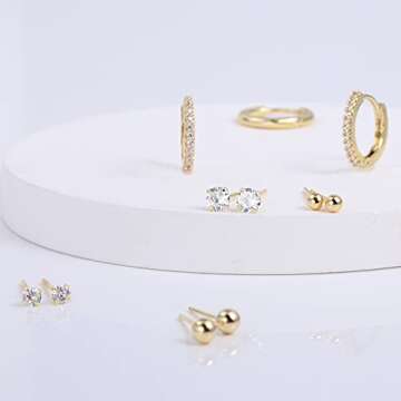 14K Gold Earrings Sets for Multiple Piercing Small Huggie Hoop and CZ Ball Stud Earrings Set for Women Trendy Hypoallergenic Cartilage Earing Hoops and Studs