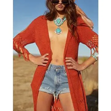 Bubseach Women Tassel Belt Short Sleeve Beach Long Kimono Open Front Cold Shoulder Bikini Swimsuit Cover Up Swimwear