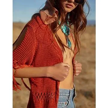 Bubseach Women Tassel Belt Short Sleeve Beach Long Kimono Open Front Cold Shoulder Bikini Swimsuit Cover Up Swimwear