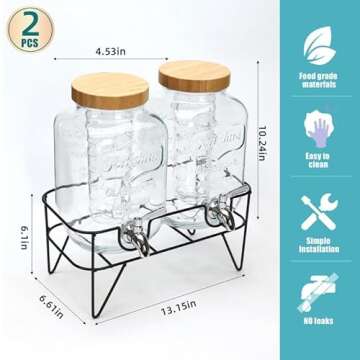 Roemey 1 Gallon Glass Drink Dispenser with Bamboo Lid - 2 Pack Beverage Set for Parties and Gatherin...