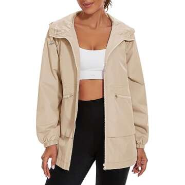 PESION Women's Waterproof Rain Jacket Lightweight Raincoat Hooded Windbreaker Trench Coat, Khaki, Sm...