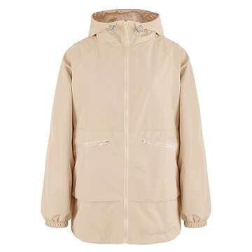 PESION Women's Waterproof Rain Jacket Lightweight Raincoat Hooded Windbreaker Trench Coat, Khaki, Small