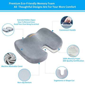 SAIREIDER Seat Cushions for Office Chairs, Memory Foam Coccyx Cushion Pads for Tailbone Pain, Sciatica Relief Pillow, Car Seat Cushion, Correct Sitting Posture (Grey)