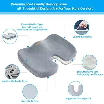 SAIREIDER Seat Cushions for Office Chairs, Memory Foam Coccyx Cushion Pads for Tailbone Pain, Sciatica Relief Pillow, Car Seat Cushion, Correct Sitting Posture (Grey)