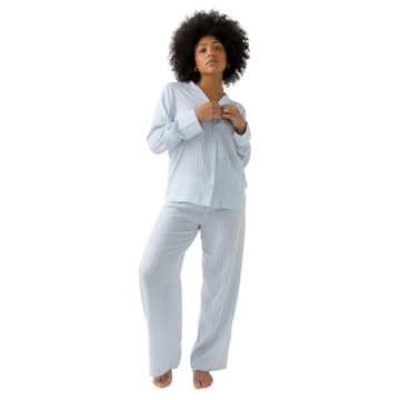 Luxury Cozy Earth Women's Soft Woven Pajama Set - Blue Stripe Large