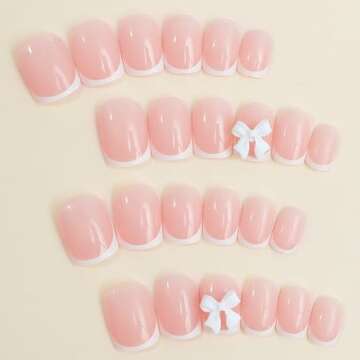 Pink Press on Nails Short Square Fake Nails White French Tip Full Cover Glue on Nails Solid Color Gl...