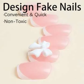 Pink Press on Nails Short Square Fake Nails White French Tip Full Cover Glue on Nails Solid Color Glossy Nude Pink Designs Cute False Nails Stick on Nails for Women Girls Acrylic Manicure Salon 24Pcs