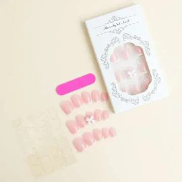 Pink Press on Nails Short Square Fake Nails White French Tip Full Cover Glue on Nails Solid Color Glossy Nude Pink Designs Cute False Nails Stick on Nails for Women Girls Acrylic Manicure Salon 24Pcs
