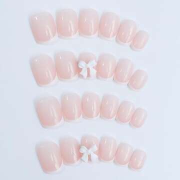 Pink Press on Nails Short Square Fake Nails White French Tip Full Cover Glue on Nails Solid Color Glossy Nude Pink Designs Cute False Nails Stick on Nails for Women Girls Acrylic Manicure Salon 24Pcs
