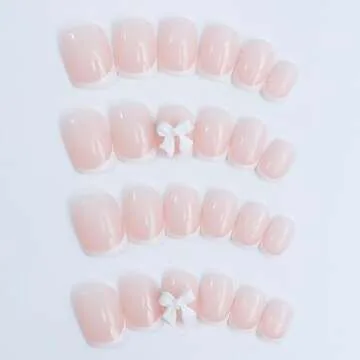 Pink Press on Nails Short Square Fake Nails White French Tip Full Cover Glue on Nails Solid Color Glossy Nude Pink Designs Cute False Nails Stick on Nails for Women Girls Acrylic Manicure Salon 24Pcs