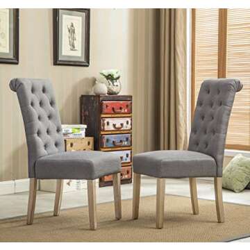 Roundhill Furniture Habit Grey Solid Wood Tufted Parsons Dining Chair (Set of 2), Gray