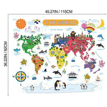 Removable Cartoon Animals World Map Wall Decals Large Educational Animal Landmarks World Map Peel & ...
