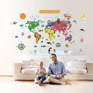 Removable Cartoon Animals World Map Wall Decals Large Educational Animal Landmarks World Map Peel & Stick Wall Sticker Decor for Kids Bedroom Living Room Classroom Nursery Home Walls (L 36"x45")