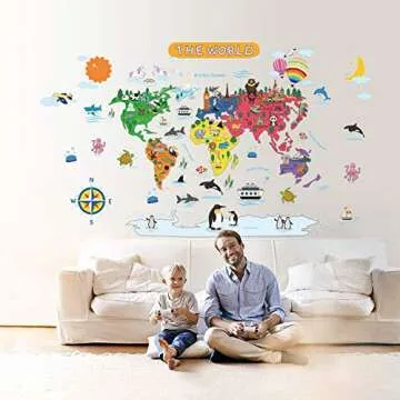 Removable Cartoon Animals World Map Wall Decals Large Educational Animal Landmarks World Map Peel & Stick Wall Sticker Decor for Kids Bedroom Living Room Classroom Nursery Home Walls (L 36"x45")