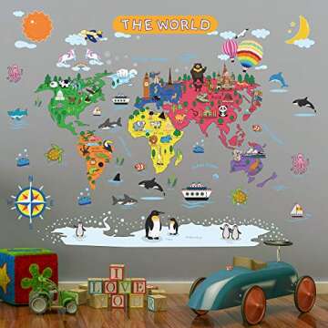 Removable Cartoon Animals World Map Wall Decals Large Educational Animal Landmarks World Map Peel & Stick Wall Sticker Decor for Kids Bedroom Living Room Classroom Nursery Home Walls (L 36"x45")