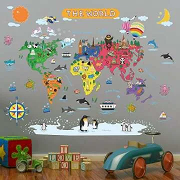 Removable Cartoon Animals World Map Wall Decals Large Educational Animal Landmarks World Map Peel & Stick Wall Sticker Decor for Kids Bedroom Living Room Classroom Nursery Home Walls (L 36"x45")