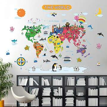 Removable Cartoon Animals World Map Wall Decals Large Educational Animal Landmarks World Map Peel & Stick Wall Sticker Decor for Kids Bedroom Living Room Classroom Nursery Home Walls (L 36"x45")