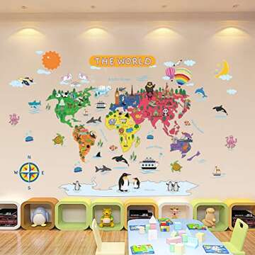 Removable Cartoon Animals World Map Wall Decals Large Educational Animal Landmarks World Map Peel & Stick Wall Sticker Decor for Kids Bedroom Living Room Classroom Nursery Home Walls (L 36"x45")
