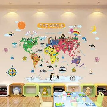 Removable Cartoon Animals World Map Wall Decals Large Educational Animal Landmarks World Map Peel & Stick Wall Sticker Decor for Kids Bedroom Living Room Classroom Nursery Home Walls (L 36"x45")