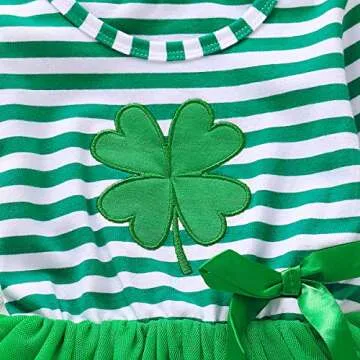 St Patricks Day Outfits Toddler Baby Girls Clover Dress Striped Long Sleeve Mesh Tutu Skirts with Headband 2PCS Set (Green, 1-2 Years)