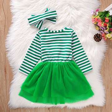 St Patricks Day Outfits Toddler Baby Girls Clover Dress Striped Long Sleeve Mesh Tutu Skirts with Headband 2PCS Set (Green, 1-2 Years)