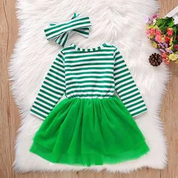 St Patricks Day Outfits Toddler Baby Girls Clover Dress Striped Long Sleeve Mesh Tutu Skirts with Headband 2PCS Set (Green, 1-2 Years)