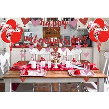 Valentine’s Day Party Decorations with Happy Valentines Day Banner, Valentines Day Cake Topper, Valentines Day Balloon, Valentines Day Garland for Valentines Day Fireplace Decoration Photo Props