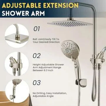 Ryamen Dual Shower Head Combo, Brushed Nickel 8'' High Pressure Rain/Rainfall Shower Head, 6 Settings Adjustable Handheld Showers, with 15" Height Adjustable Slide Bar, Holder/59’‘ Hose