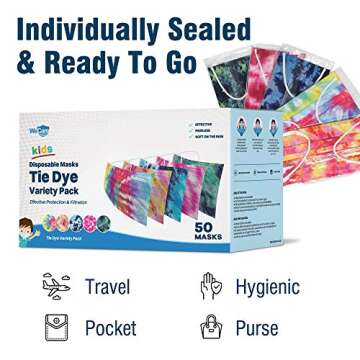 WECARE Kids Disposable Face Masks, 50 Asstd Tie Dye Masks, Individually Wrapped