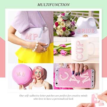 52 Pieces Self Adhesive Pearl Rhinestone Letter Patches A-Z Bling Rhinestone Letter Stickers Glitter Rhinestone Alphabet Appliques Initial Letter Sticker for DIY Clothes Bags Hats (White, Pink)