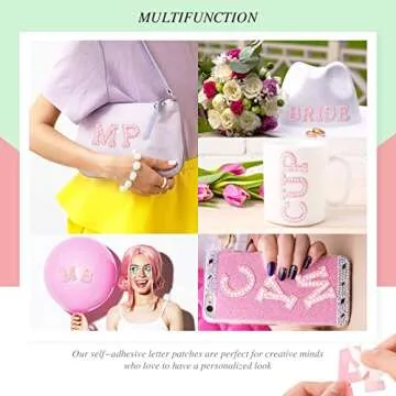 52 Pieces Self Adhesive Pearl Rhinestone Letter Patches A-Z Bling Rhinestone Letter Stickers Glitter Rhinestone Alphabet Appliques Initial Letter Sticker for DIY Clothes Bags Hats (White, Pink)