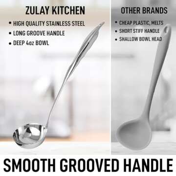 Zulay Kitchen Stainless Steel 13" Soup Ladle - Comfort Grid Steel Ladle with Long Handle and Ample Bowl Capacity Perfect for Stirring, Serving Soups and More - Heavy-Duty Metal Ladle