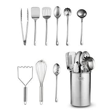FineDine Stainless-Steel Kitchen Utensil Set - 10-piece premium Nonstick & Heat Resistant Gadgets, Turner, Spaghetti Server, Ladle, Serving Spoons, Whisk, Tongs, Potato Masher & Utensil Holder