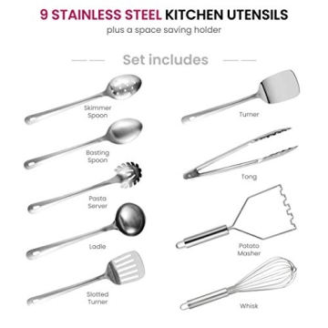 FineDine Stainless-Steel Kitchen Utensil Set - 10-piece premium Nonstick & Heat Resistant Gadgets, Turner, Spaghetti Server, Ladle, Serving Spoons, Whisk, Tongs, Potato Masher & Utensil Holder