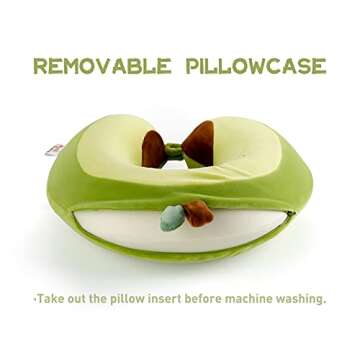 Niuniu Daddy Neck Pillow for Kids Teen Toddlers, Travel Accessories for Airplane, Car, Recline, Neck Chin Head Support, 100% Pure Memory Foam Insert, Cute Plush Travel Pillow Cover Washable - Avocado